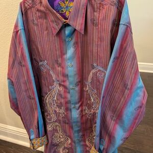 Robert Graham Burgundy And Teal Striped Shirt With Embroidered Paisley Design